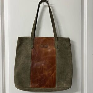 Jane Marie Olive Suede and  Brown Leather Tote Bag